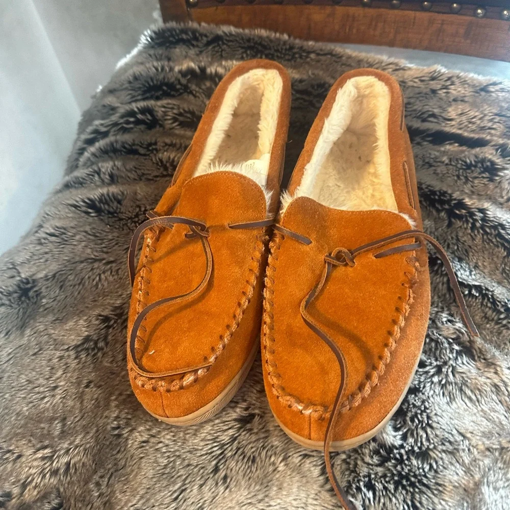J. Crew Sherpa Lined Suede Brown Moccasin Slippers, Size 12